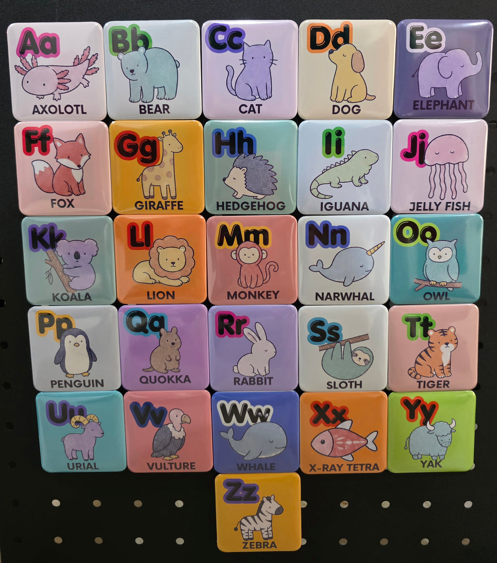 Pastel Animal Alphabet Magnets | Cute Hand-Drawn A–Z Learning Set | 2" Educational Fridge Magnets